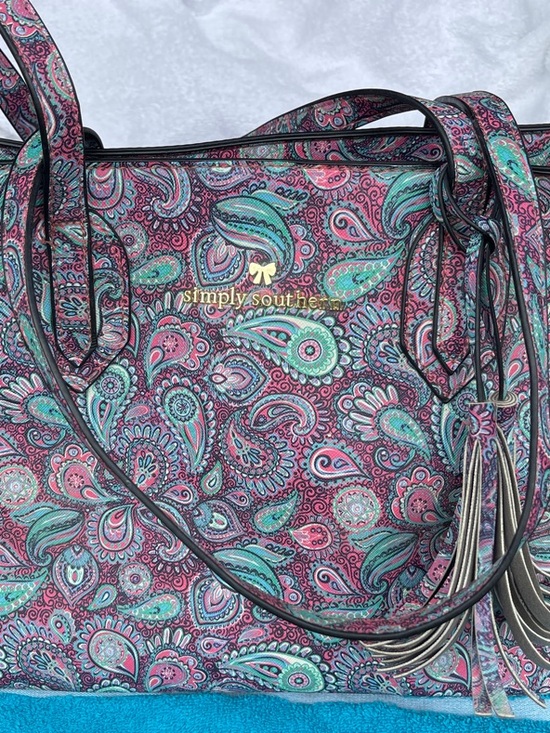 Simply Southern Handbags - Simply Southern Pink and Teal Paisley Tote with Tassel